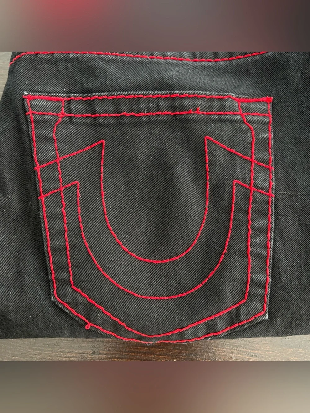 True Religion Ricky Big T Relaxed Straight Black Jeans Red Stitch Sz 36x32
